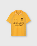 Jesus Loves You First Yellow Striped Soccer Jersey | House of Peace®