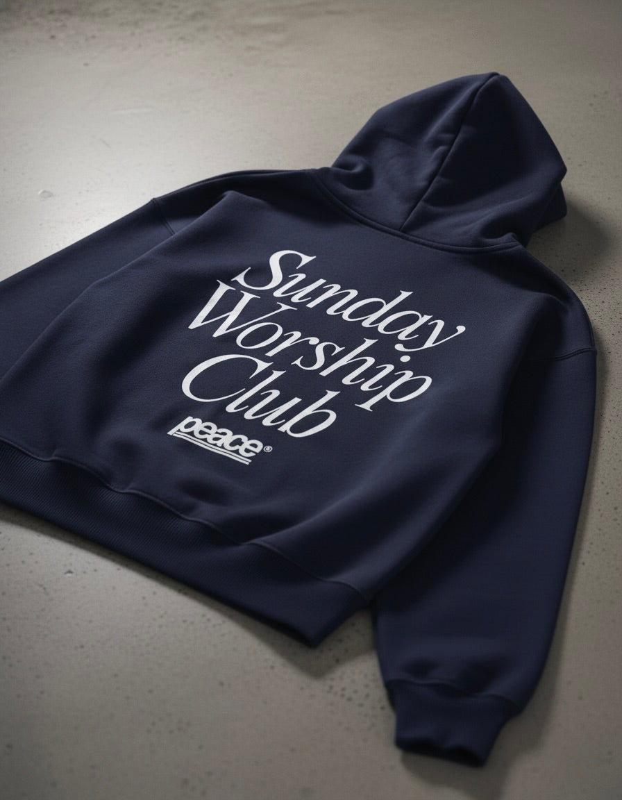 Sunday Worship Club Navy Blue Oversized Heavyweight Hoodie | House Of Peace®