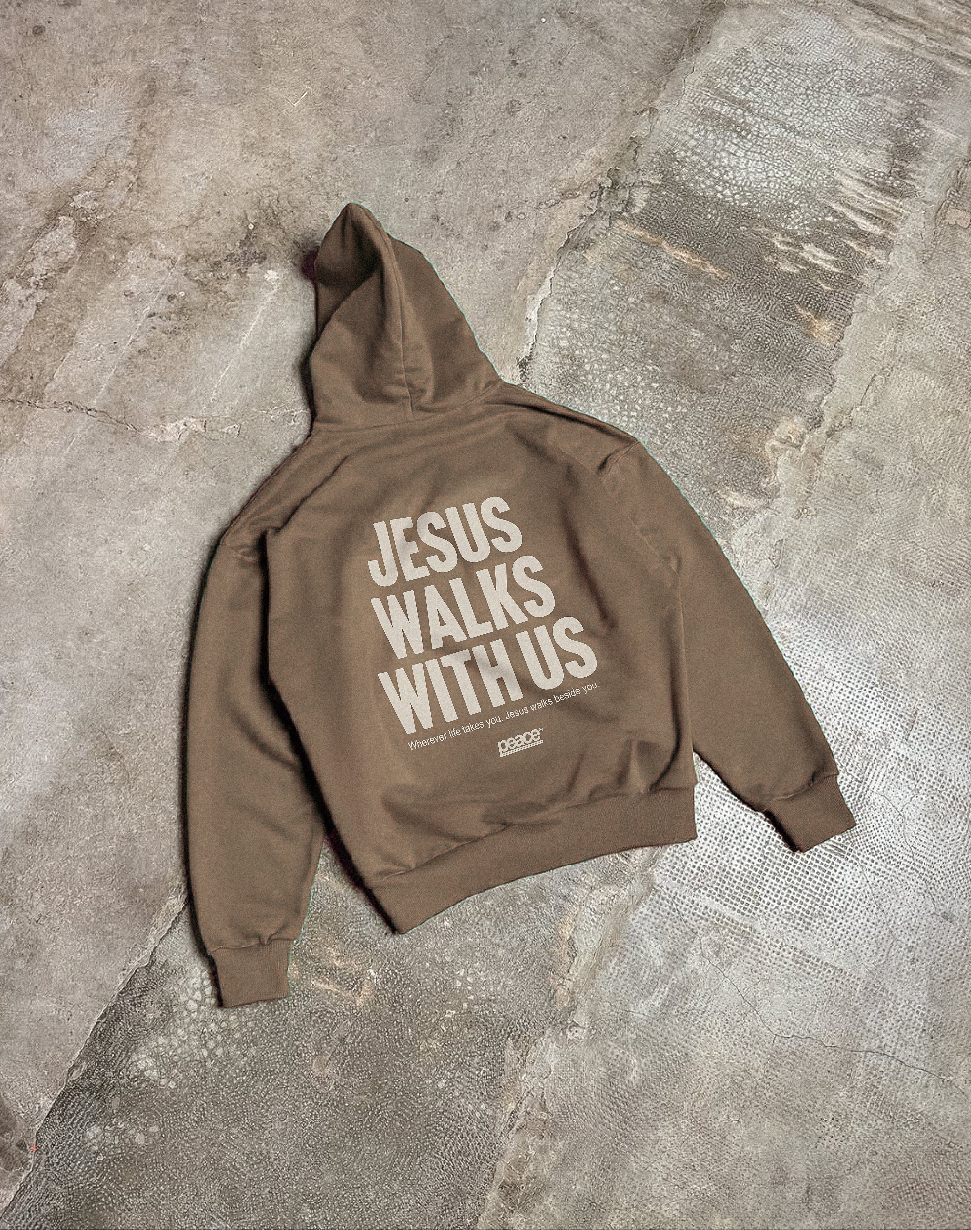 Jesus Walks With Us Gray Coffee Oversized Heavyweight Hoodie | Peace® ODMPOD