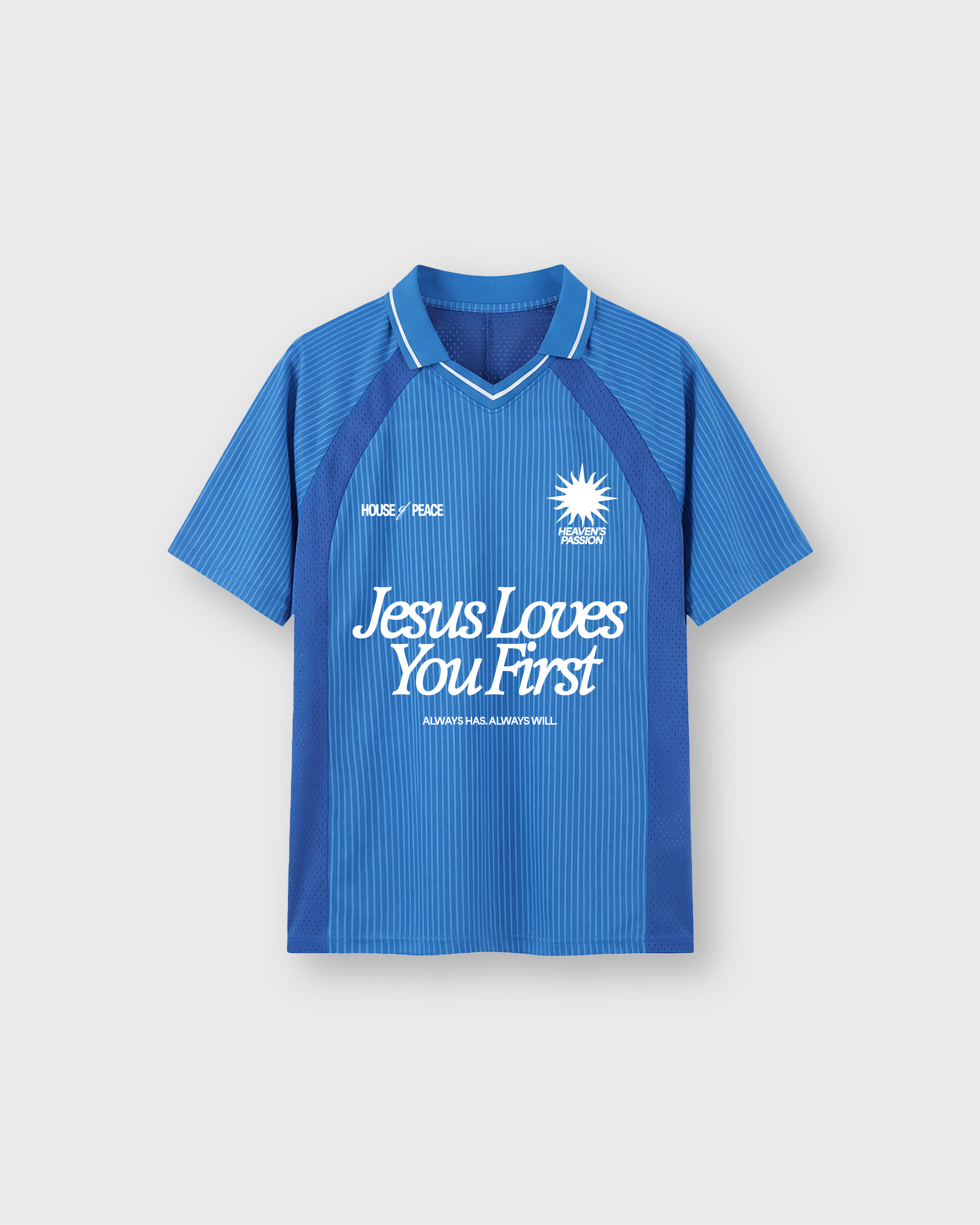 Jesus Loves You First Blue Striped Soccer Jersey | House of Peace®