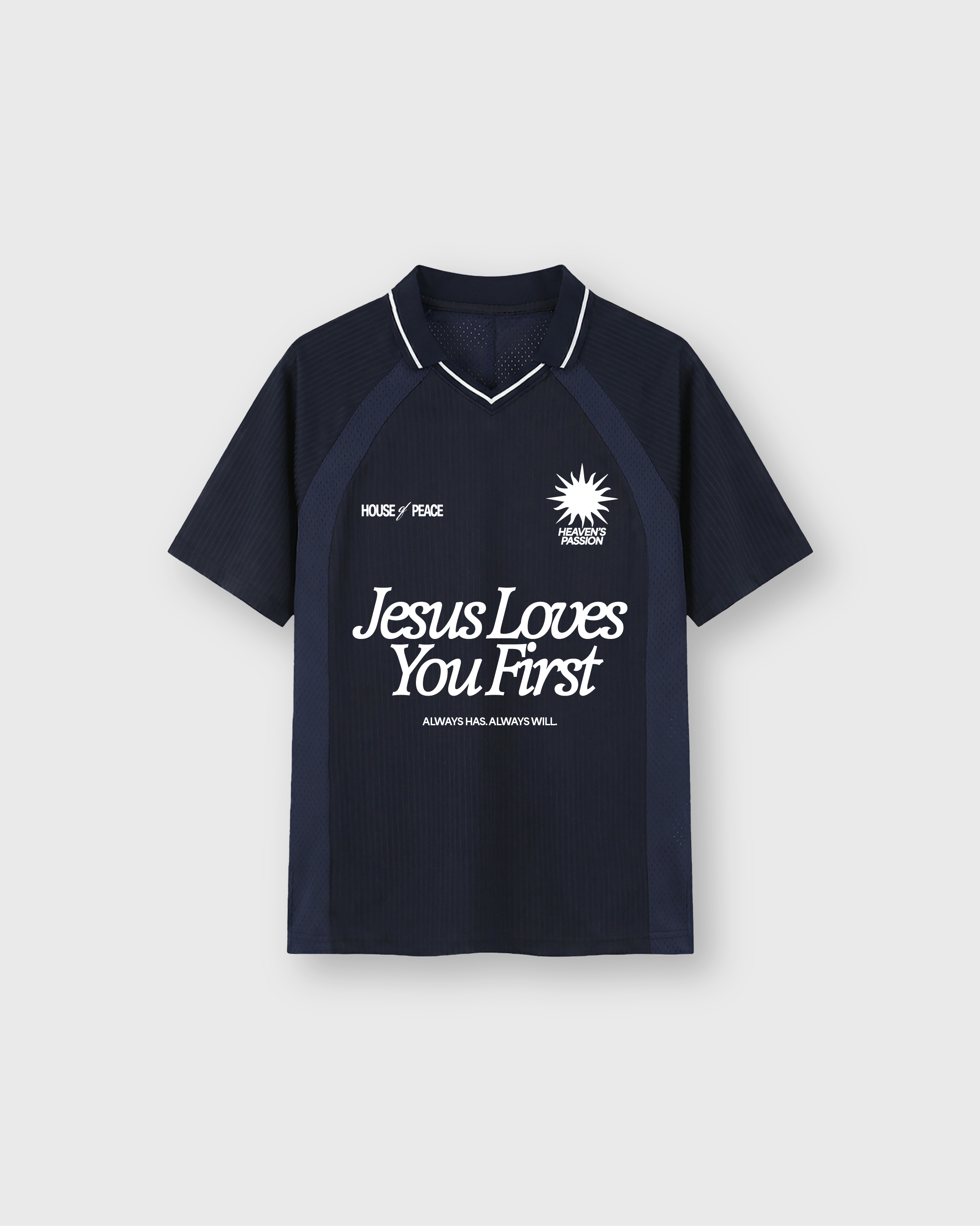 Jesus Loves You First Navy Blue Striped Soccer Jersey | House of Peace®
