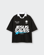 Jesus Saves Black Striped Boxy Soccer Jersey | House of Peace®