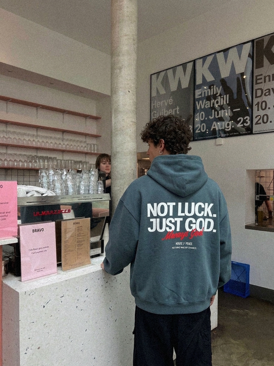 Not Luck Just God Gray Blue Oversized Heavyweight Hoodie | House of Peace®
