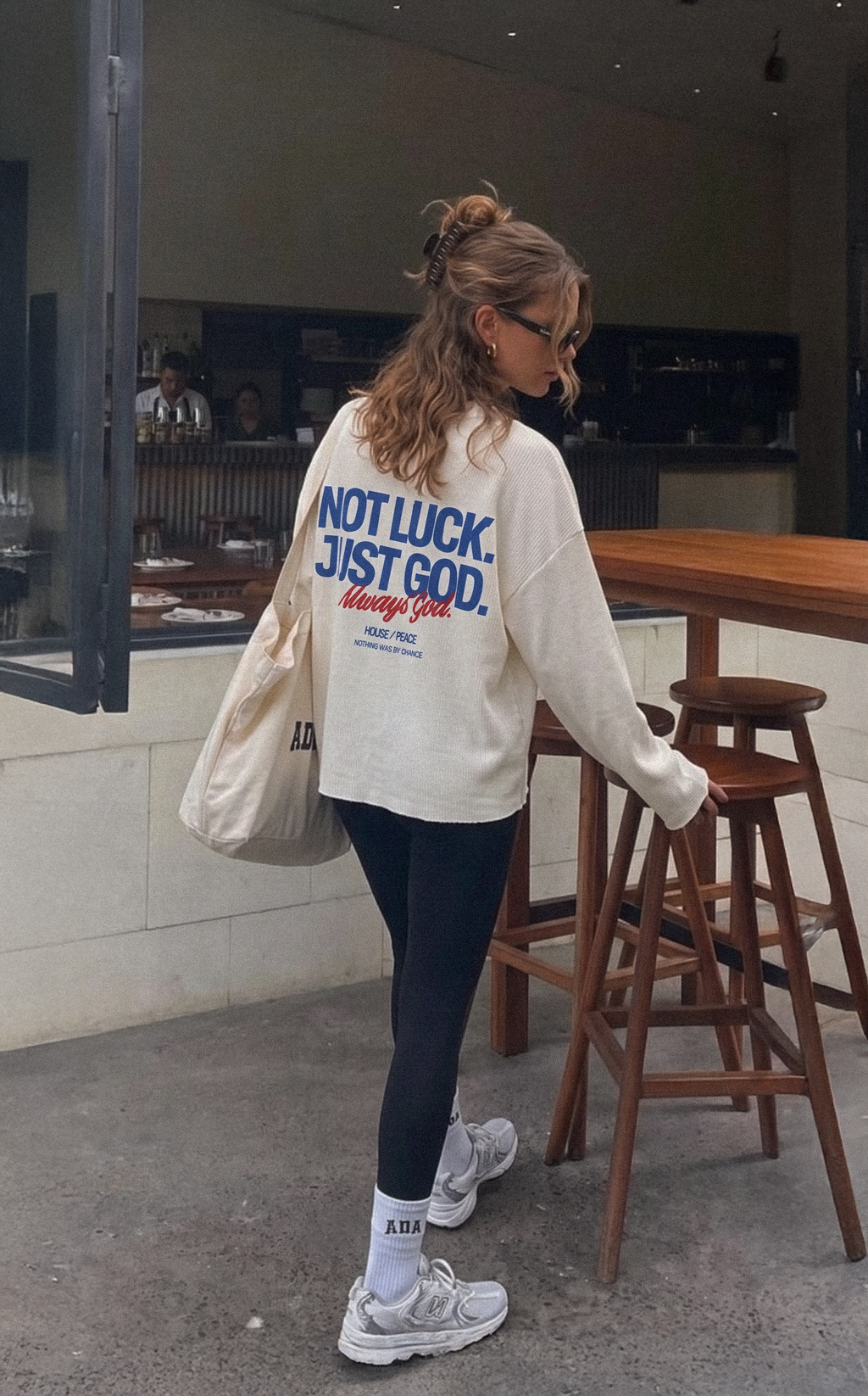 Not Luck Just God Waffle Longsleeve Loose Fit Tee White | House of Peace®