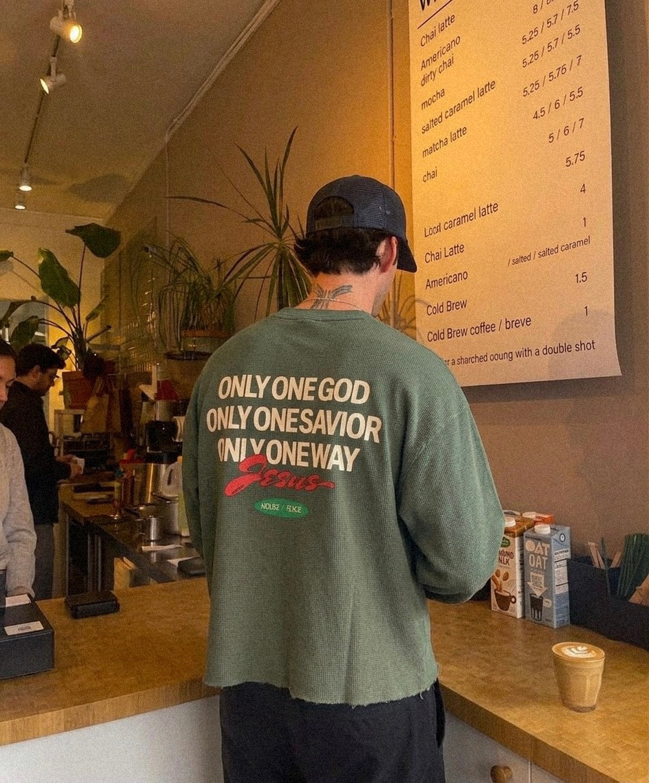 Only Jesus Vintage Waffle Raw Edge Green Longsleeve | House of Peace®