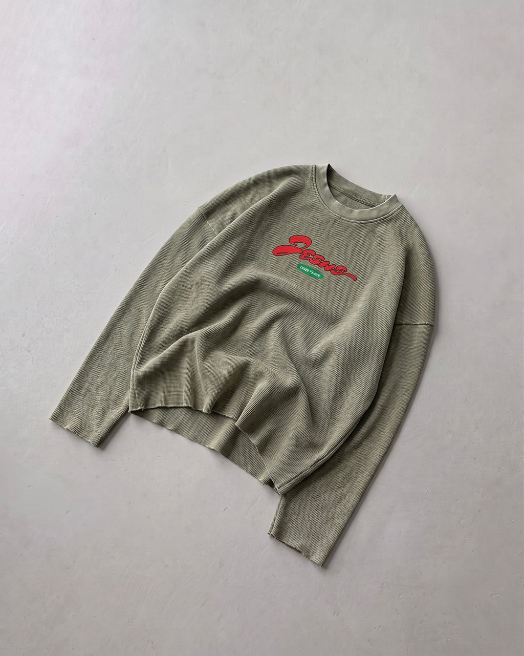 Only Jesus Vintage Waffle Raw Edge Green Longsleeve | House of Peace®