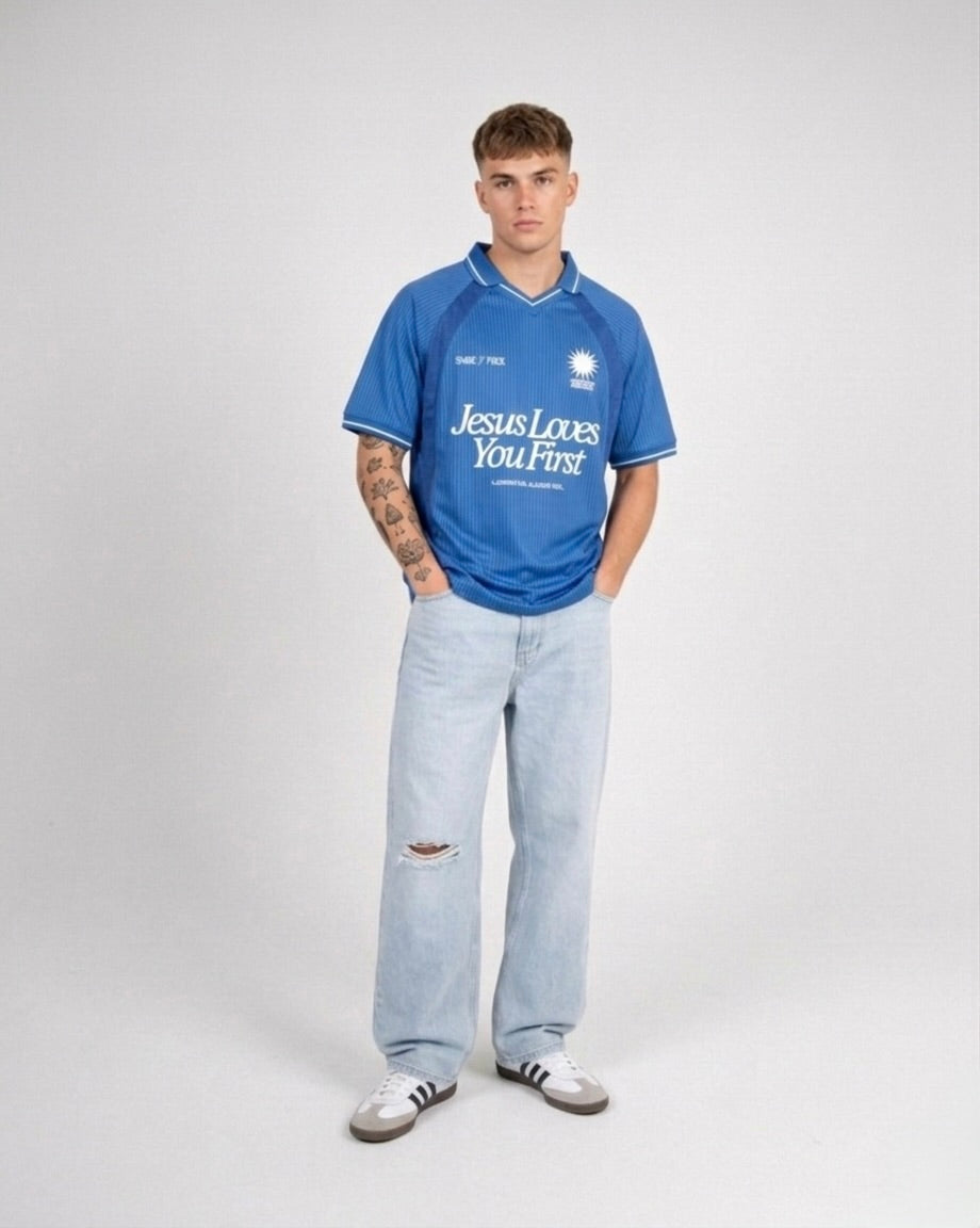 Jesus Loves You First Blue Striped Soccer Jersey | House of Peace®