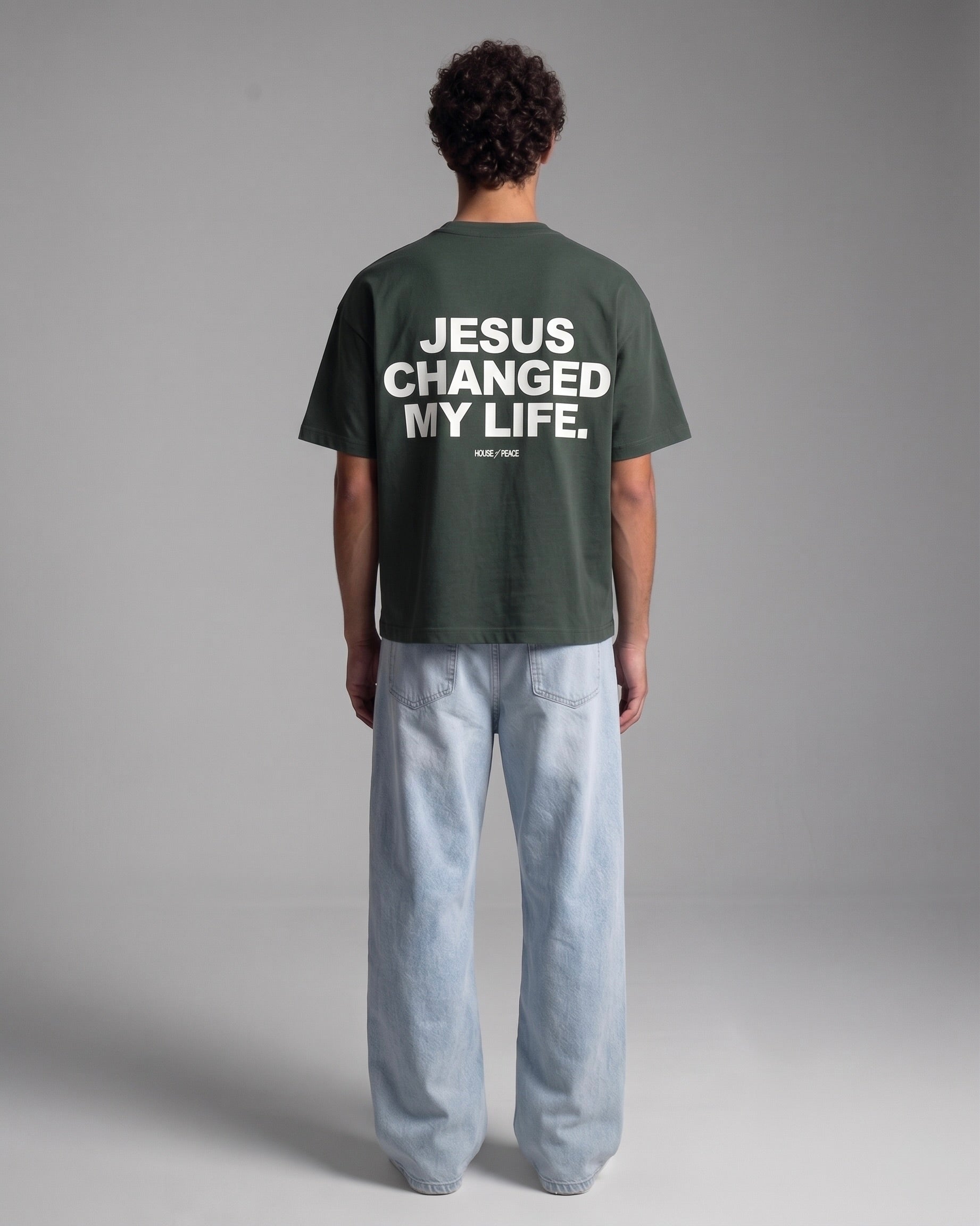Jesus Changed My Life Gray Boxy Drop Shoulder Tee | House of Peace®