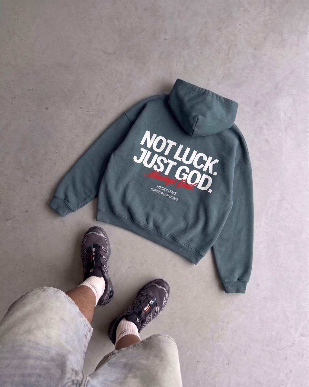 Not Luck Just God Gray Blue Oversized Heavyweight Hoodie | House of Peace®