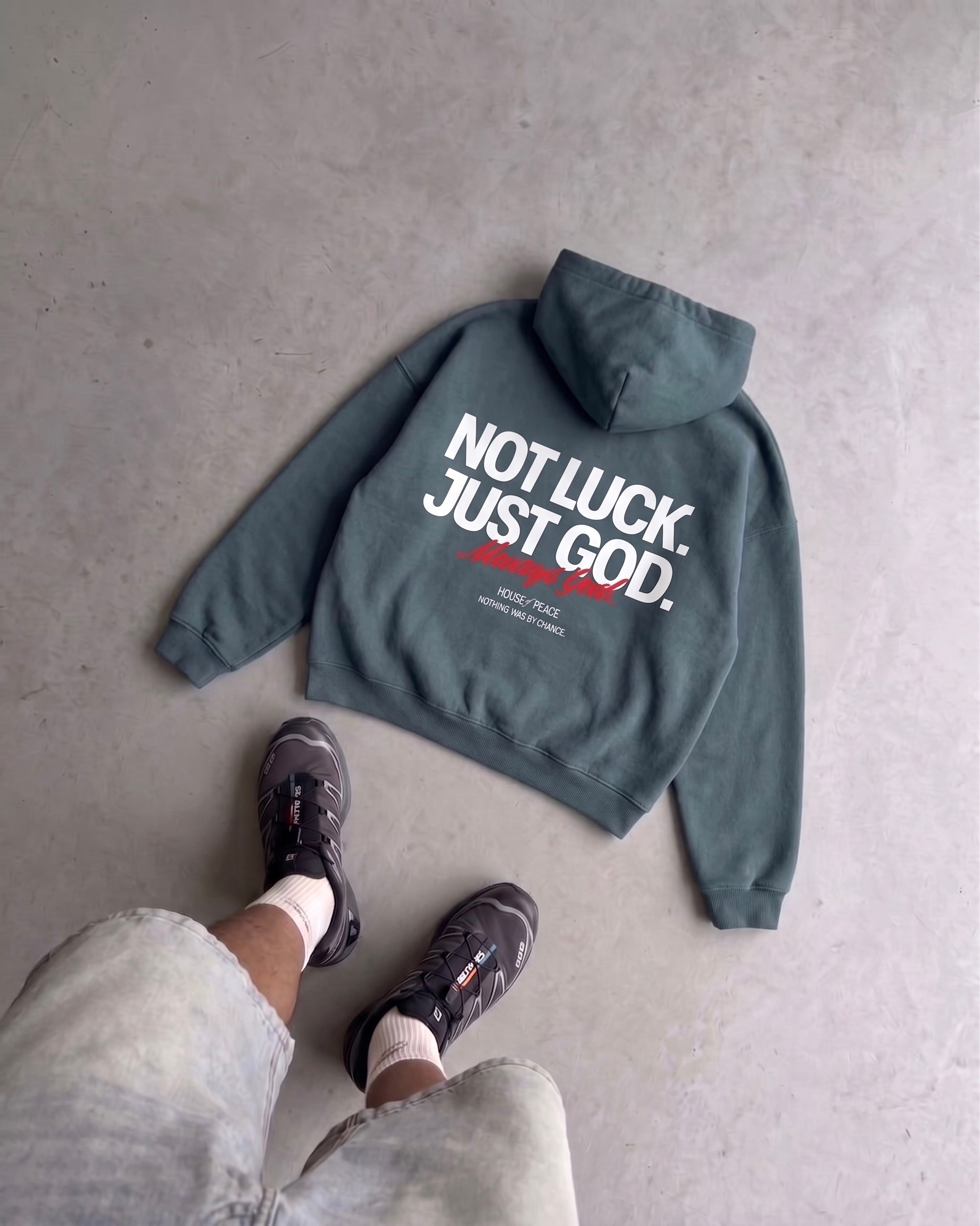 Not Luck Just God Gray Blue Oversized Heavyweight Hoodie | House of Peace®