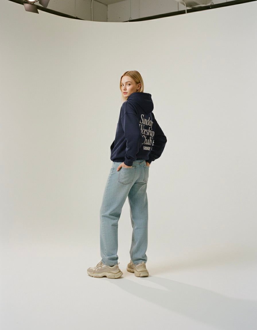 Sunday Worship Club Navy Blue Oversized Heavyweight Hoodie | House Of Peace®