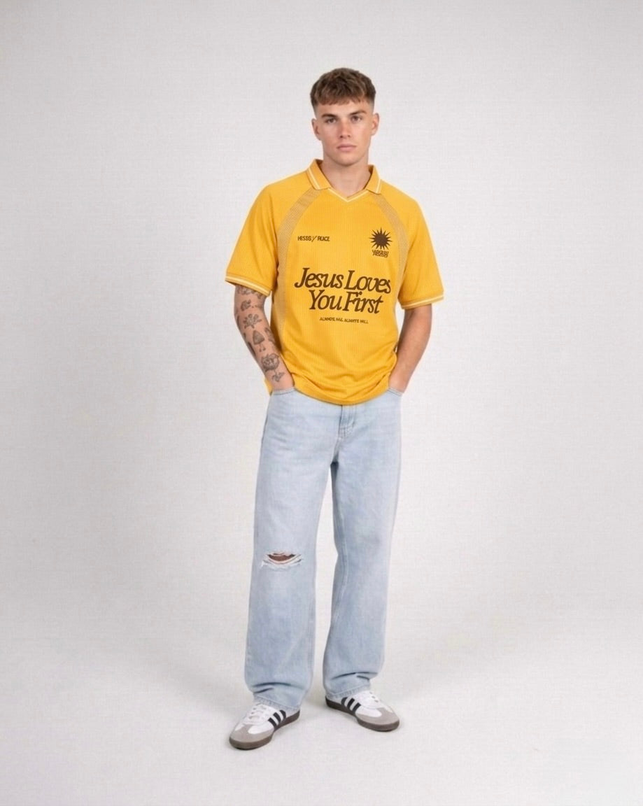 Jesus Loves You First Yellow Striped Soccer Jersey | House of Peace®
