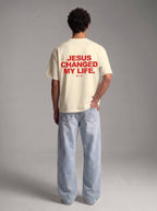Jesus Changed My Life Beige Boxy Drop Shoulder Tee | House of Peace®
