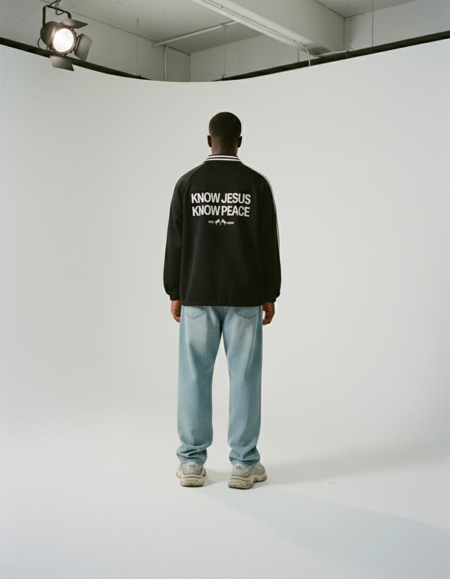 Know Jesus, Know Peace Signature Black Striped Collar Sweatshirt | House Of Peace®