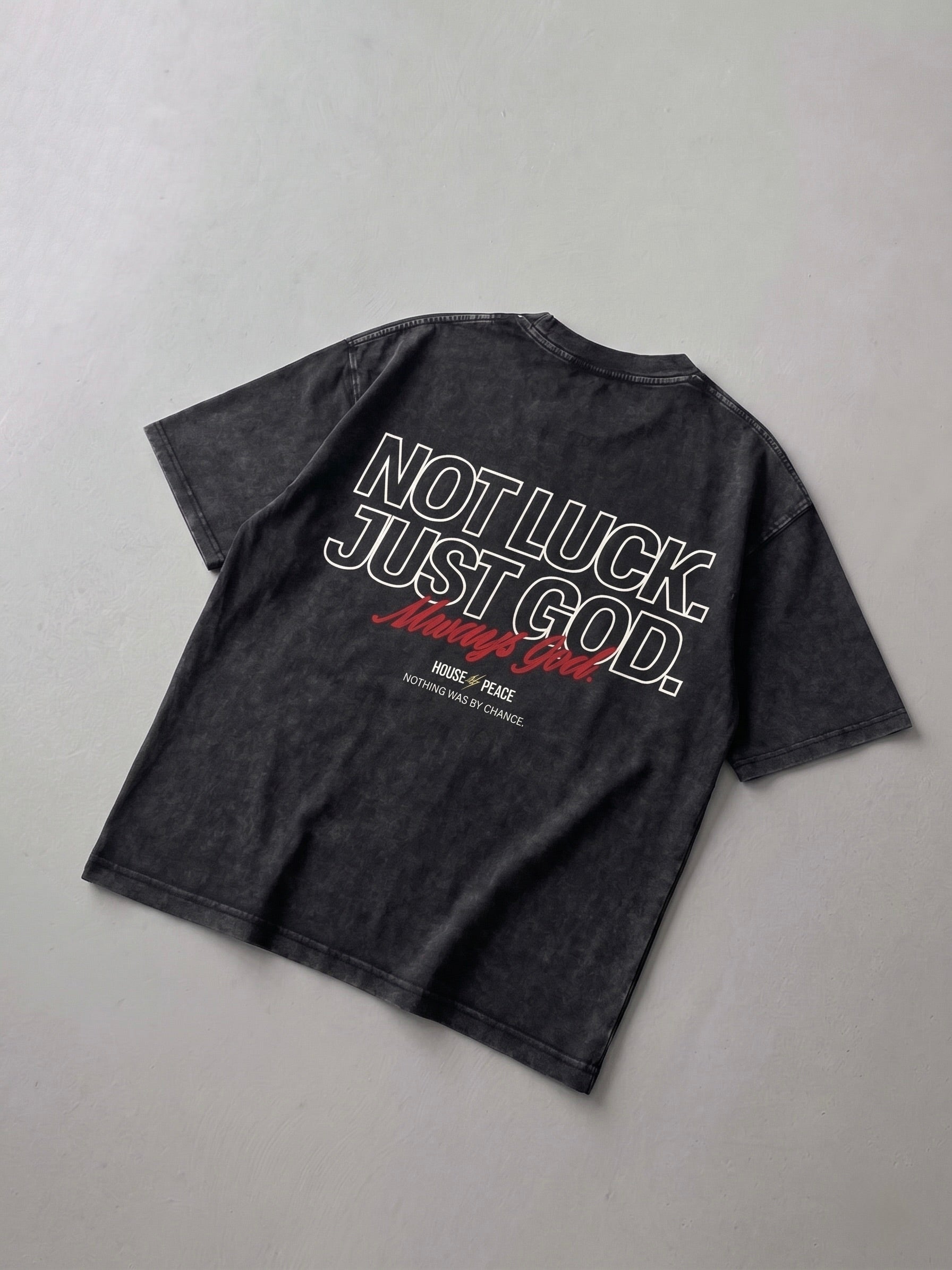 Not Luck Just God Black Mineral Wash Boxy Tee | House of Peace®