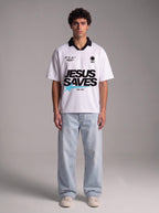 Jesus Saves White Striped Boxy Soccer Jersey | House of Peace®