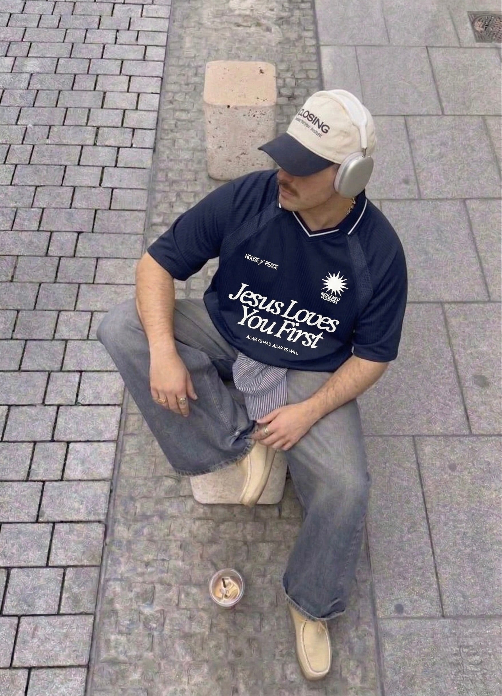 Jesus Loves You First Navy Blue Striped Soccer Jersey | House of Peace®