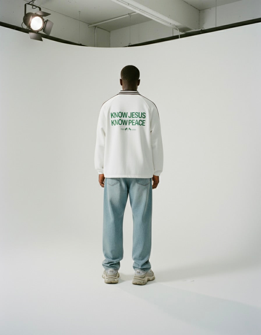 Know Jesus, Know Peace Signature White Striped Collar Sweatshirt | House Of Peace®