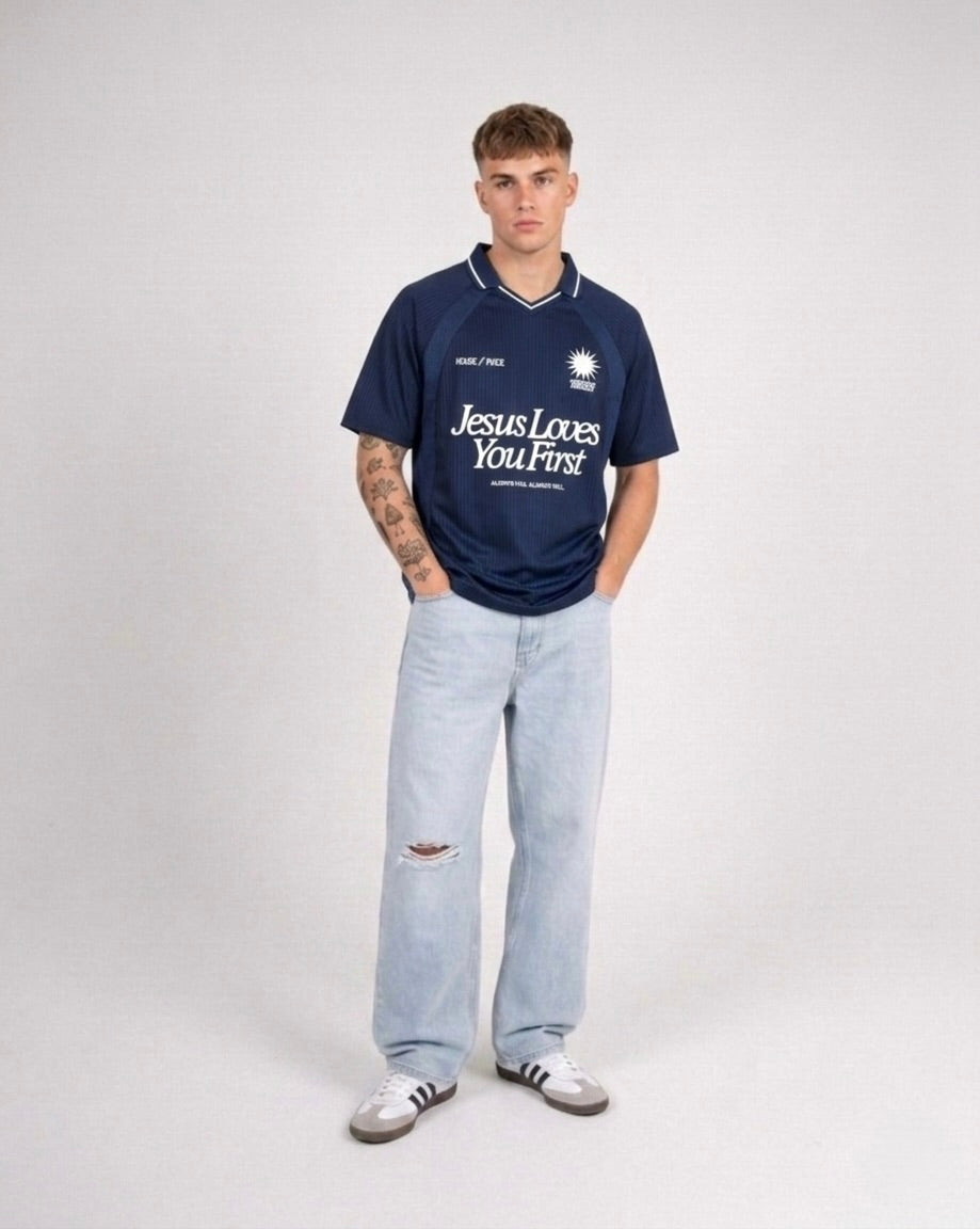 Jesus Loves You First Navy Blue Striped Soccer Jersey | House of Peace®