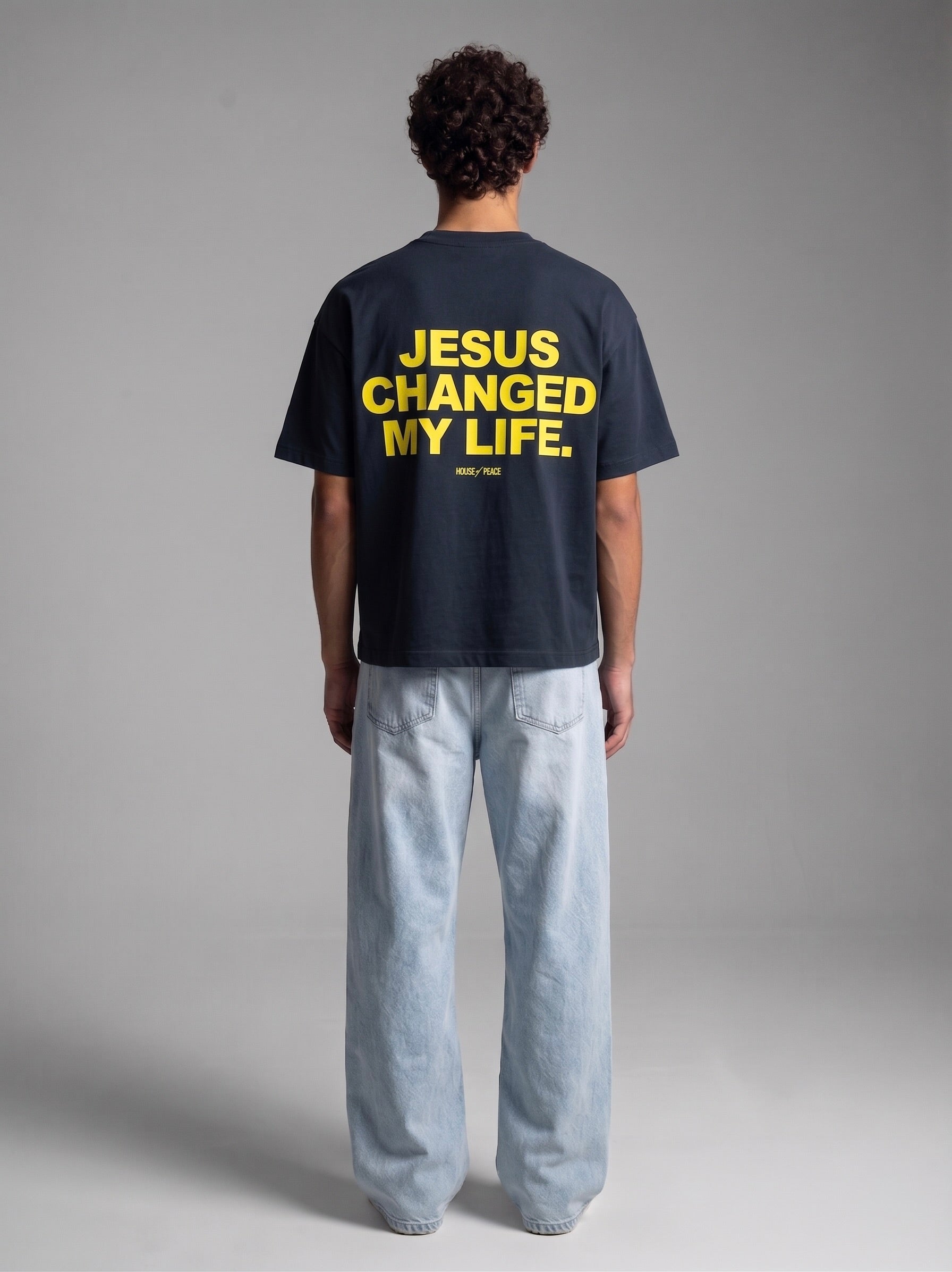Jesus Changed My Life Navy Blue Boxy Drop Shoulder Tee | House of Peace®
