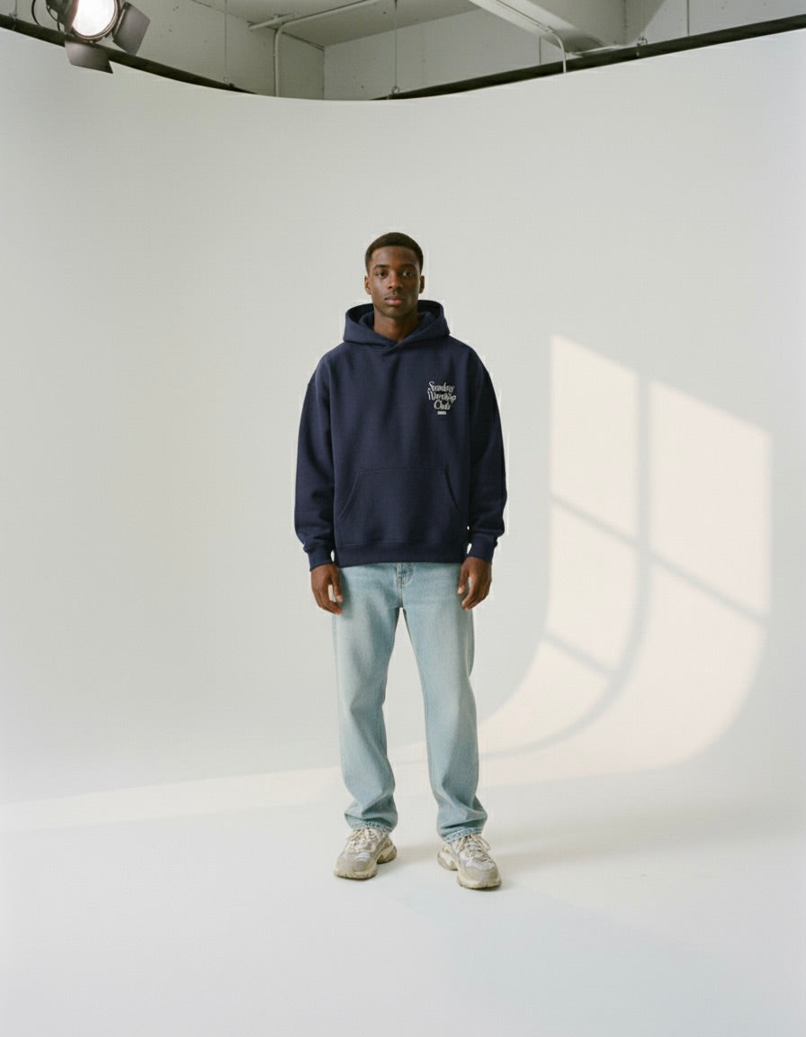 Sunday Worship Club Navy Blue Oversized Heavyweight Hoodie | House Of Peace®