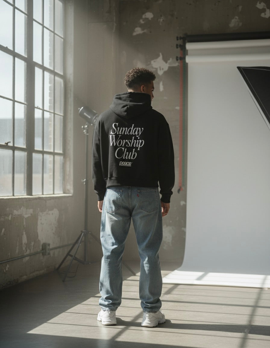 Sunday Worship Club Premium Black Boxy Hoodie | House Of Peace®