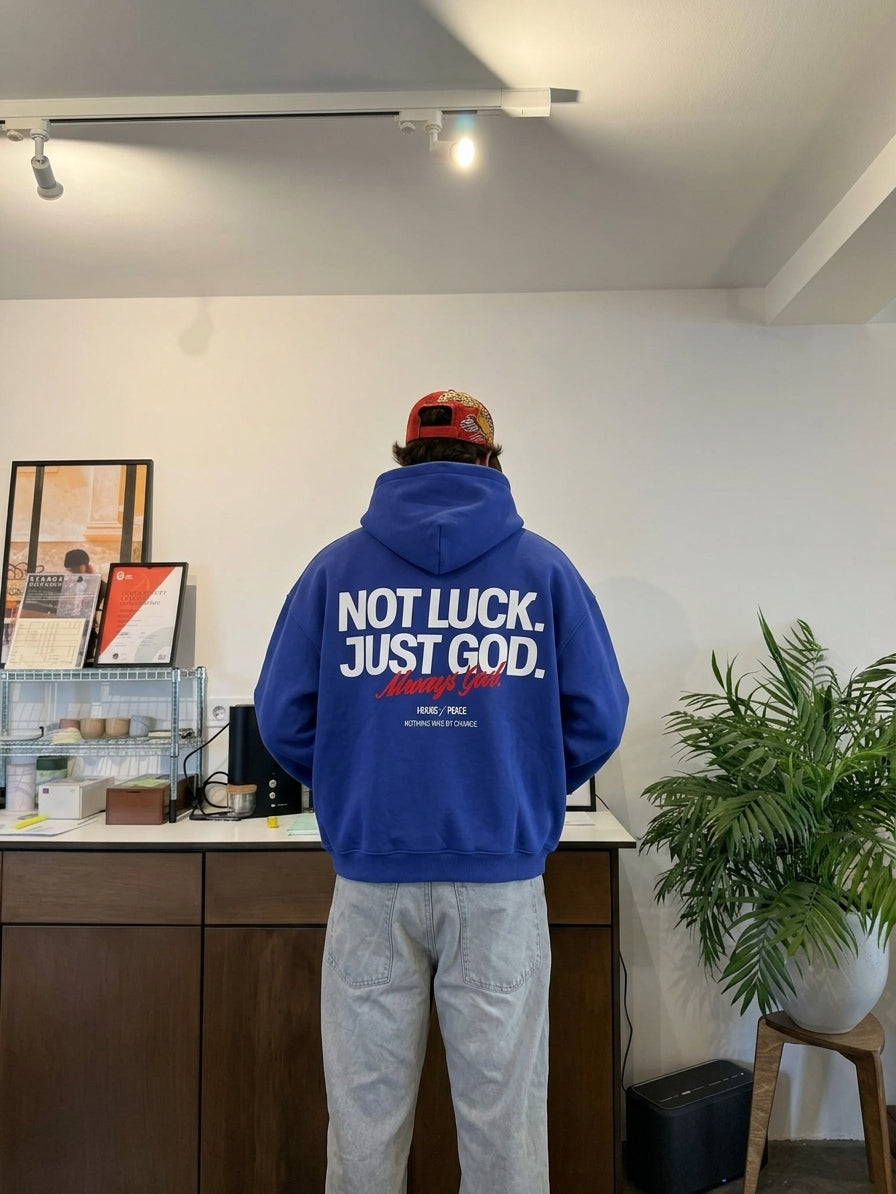 Not Luck Just God Blue Oversized Heavyweight Hoodie | House of Peace®
