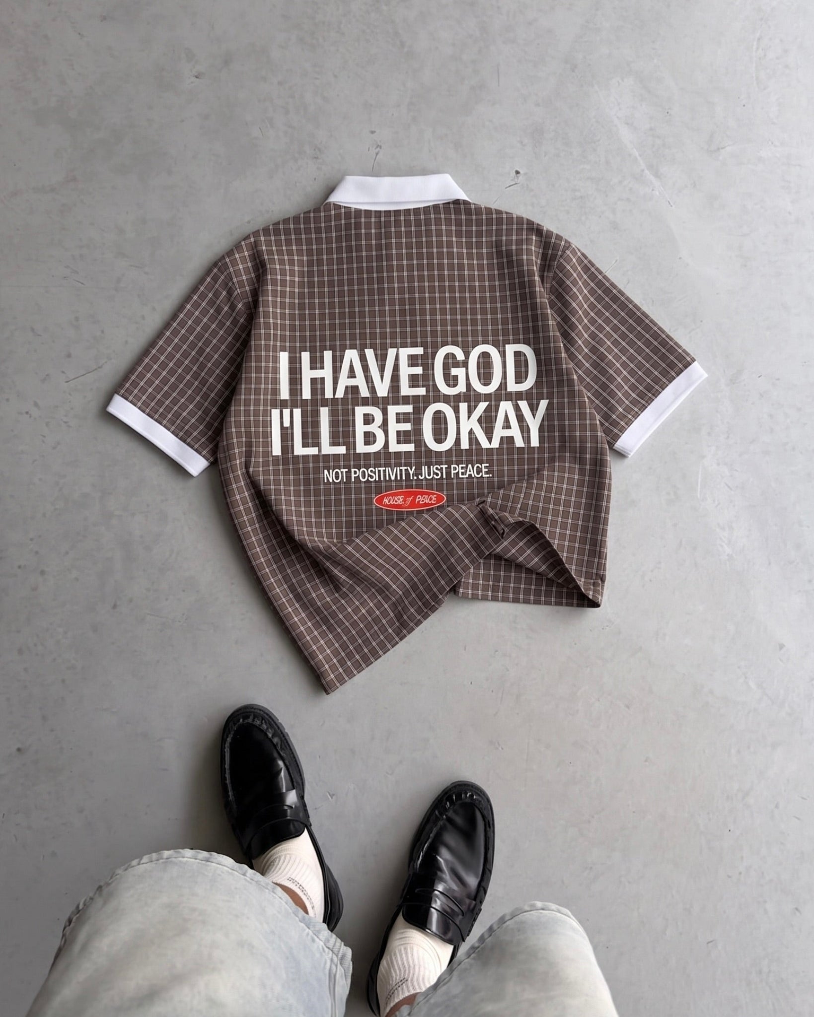 I Have God Brown Boxy Plaid Polo Shirt | House of Peace®