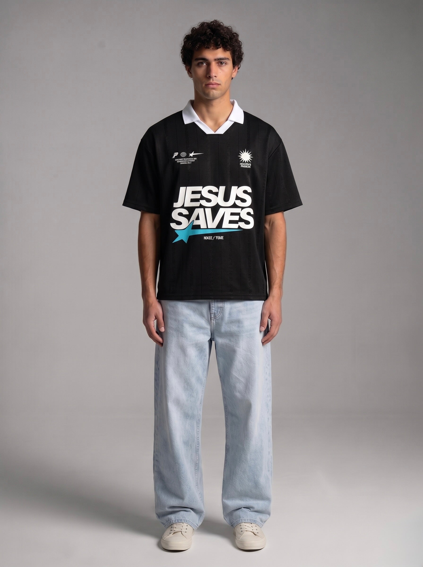Jesus Saves Black Striped Boxy Soccer Jersey | House of Peace®