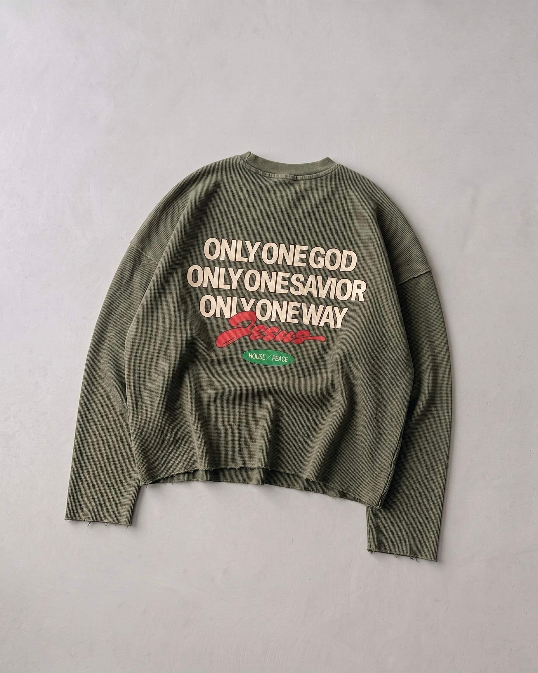 Only Jesus Vintage Waffle Raw Edge Green Longsleeve | House of Peace®