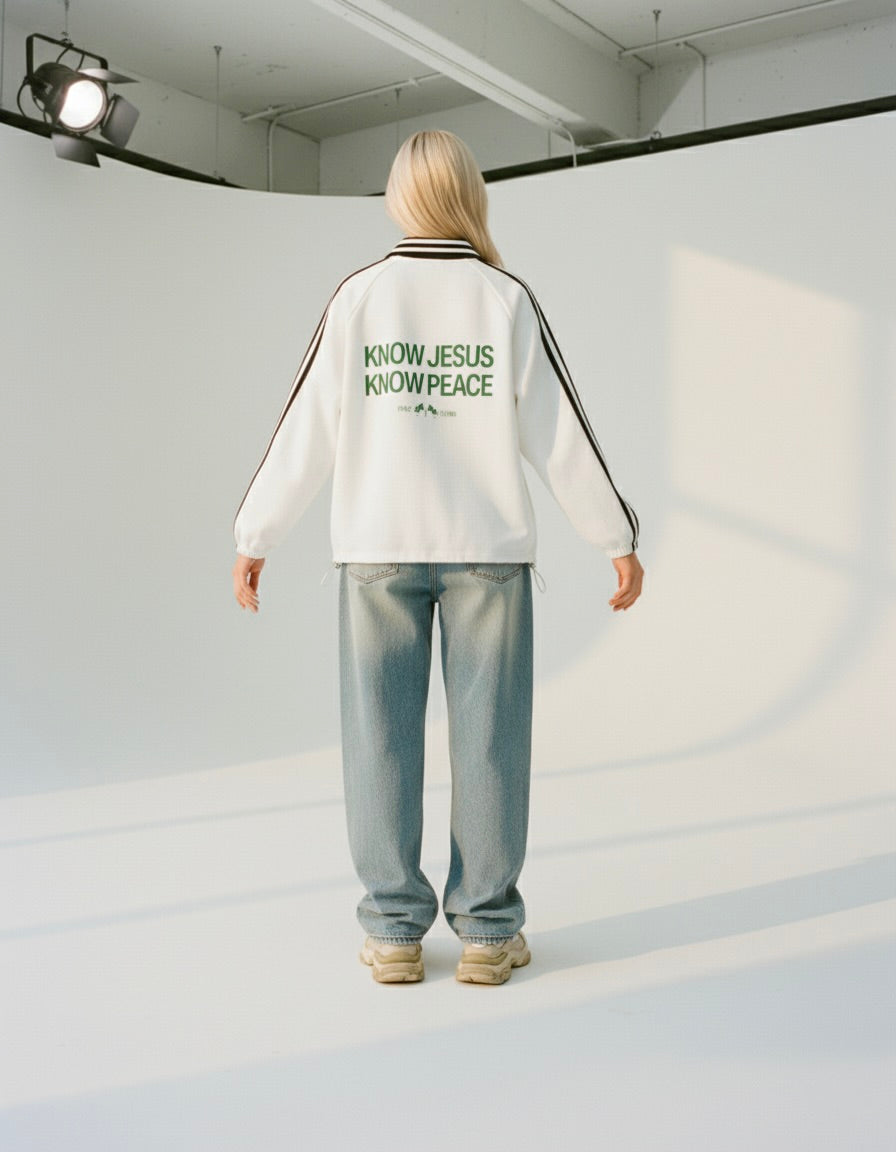 Know Jesus, Know Peace Signature White Striped Collar Sweatshirt | House Of Peace®