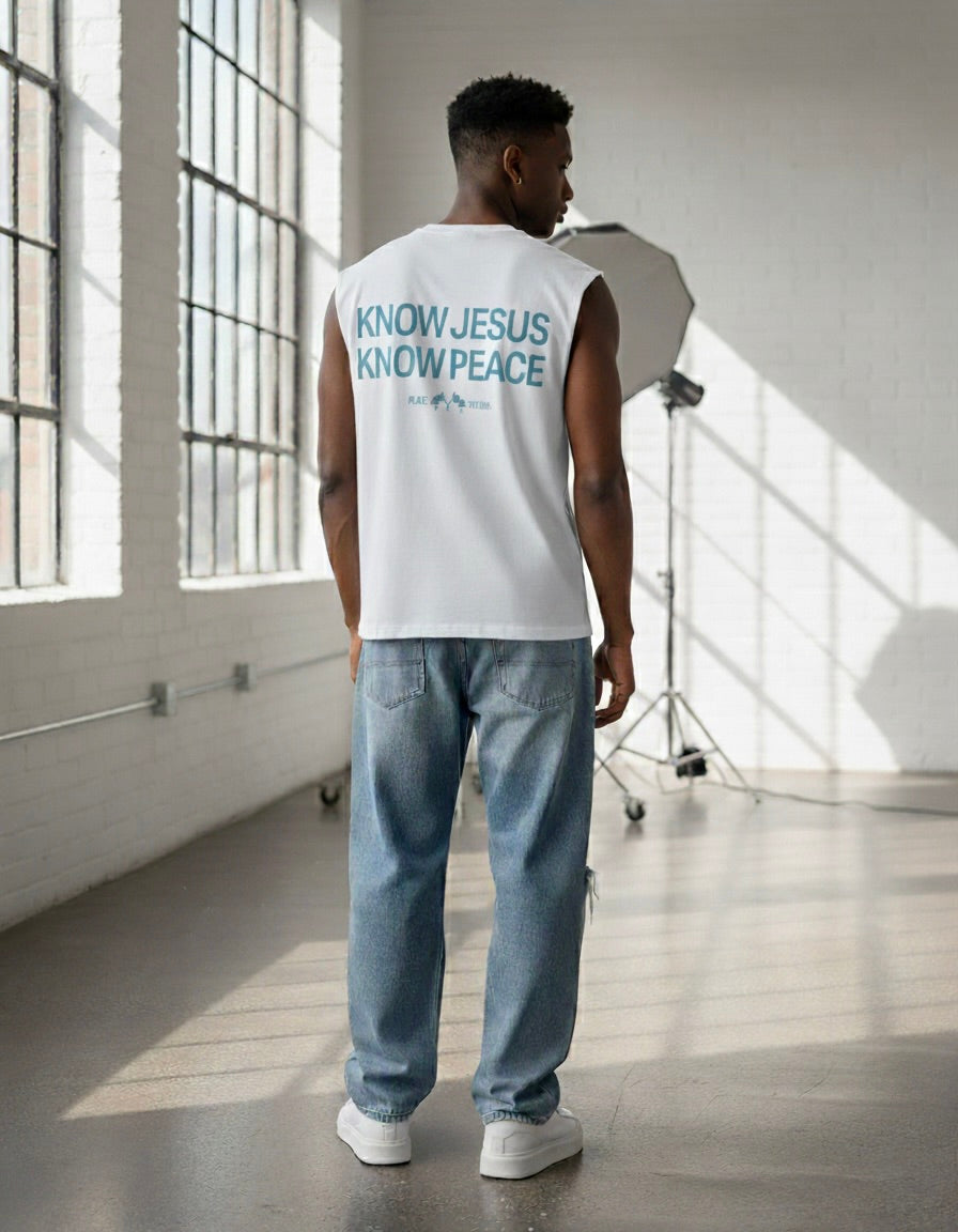 Know Jesus, Know Peace White Blue Raw Edge Tank Top | House Of Peace®