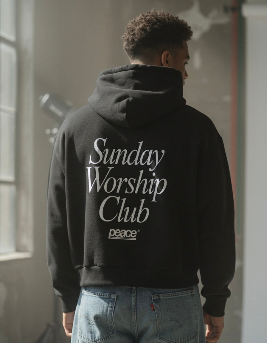 Sunday Worship Club Premium Black Boxy Hoodie | House Of Peace®