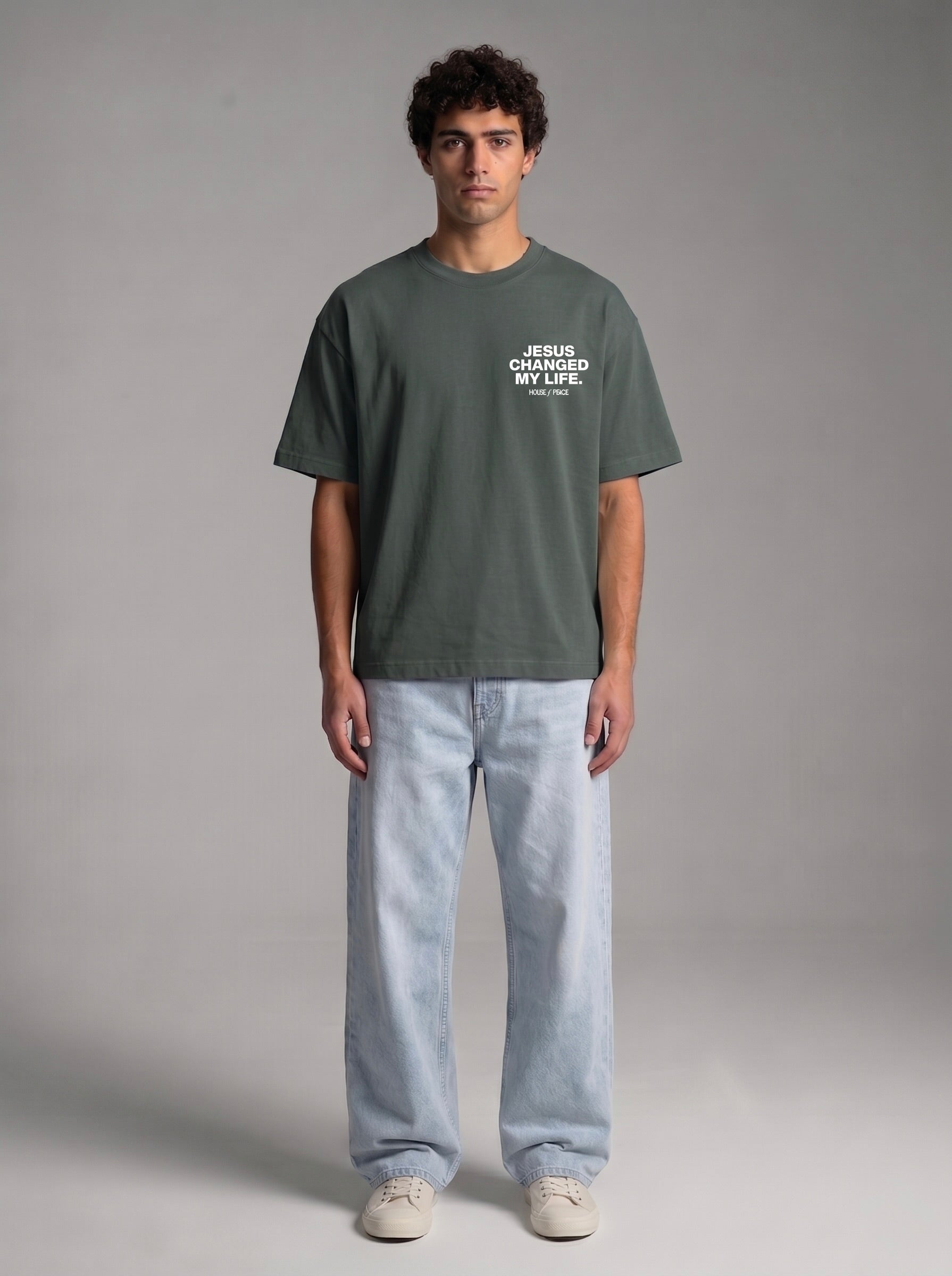 Jesus Changed My Life Gray Boxy Drop Shoulder Tee | House of Peace®