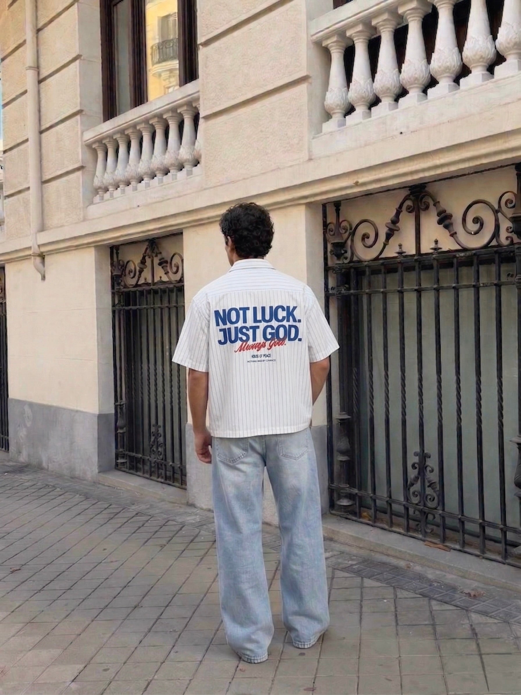 Not Luck Just God White Oversized Striped Boxy Shirt | House Of Peace®