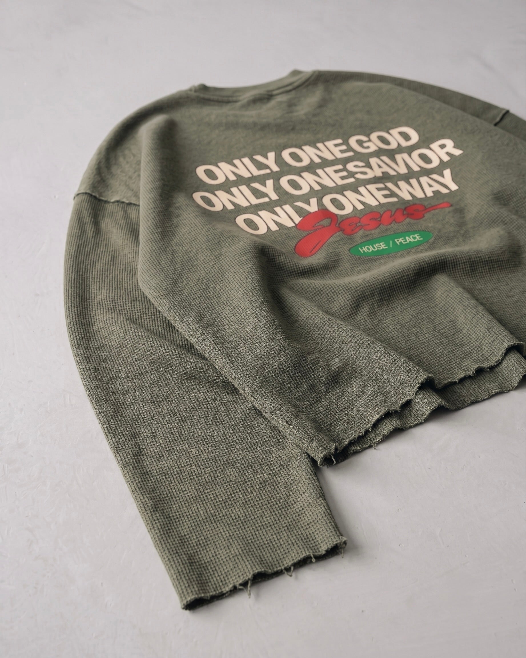 Only Jesus Vintage Waffle Raw Edge Green Longsleeve | House of Peace®
