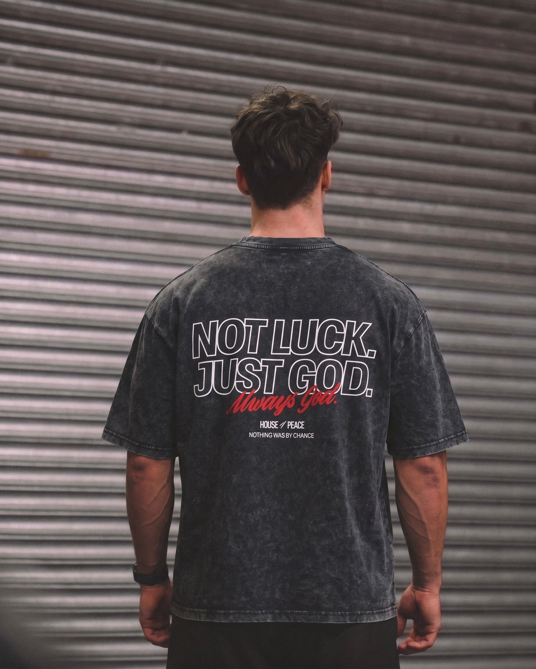 Not Luck Just God Black Mineral Wash Boxy Tee | House of Peace®