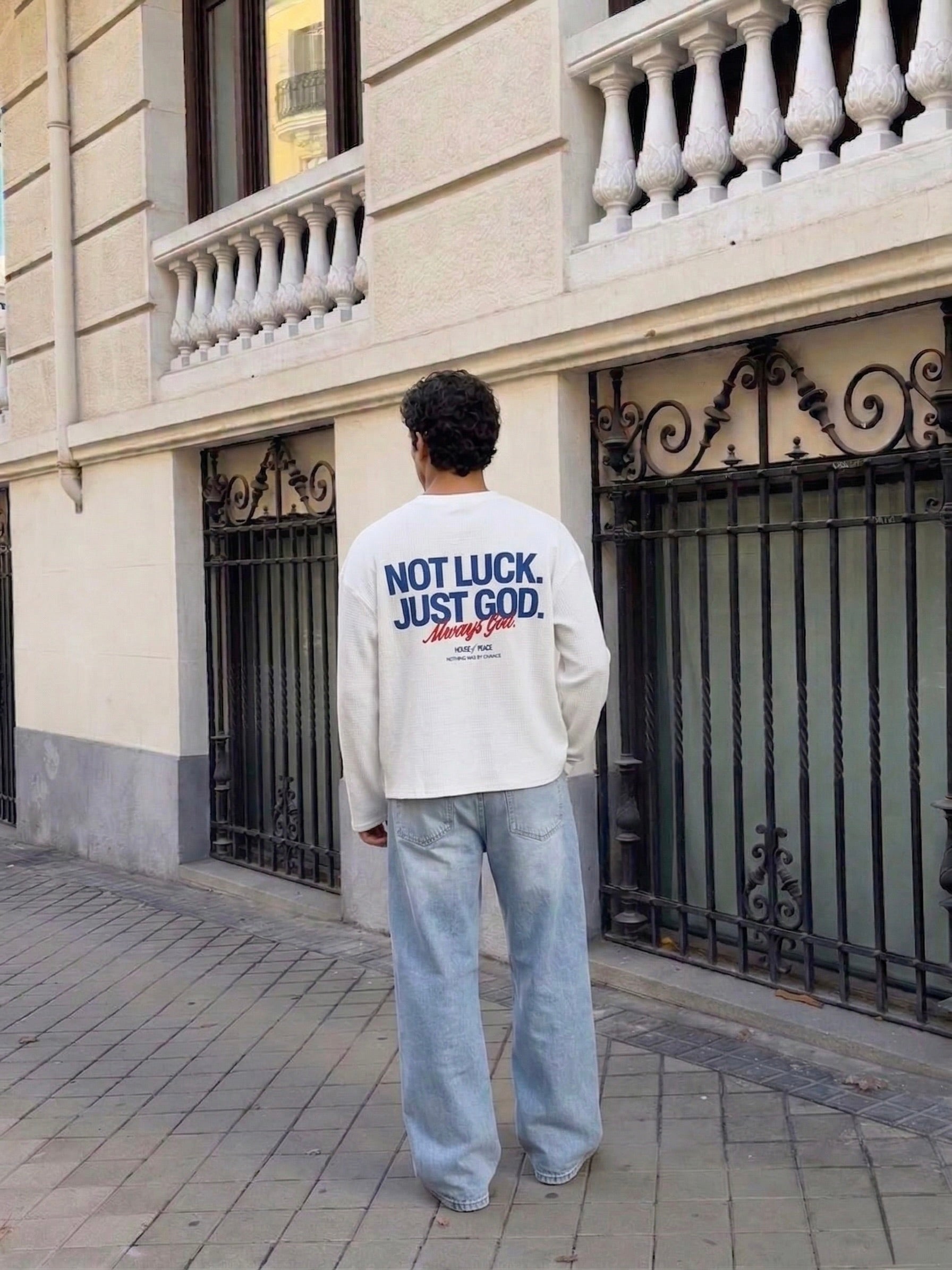 Not Luck Just God Waffle Longsleeve Loose Fit Tee White | House of Peace®