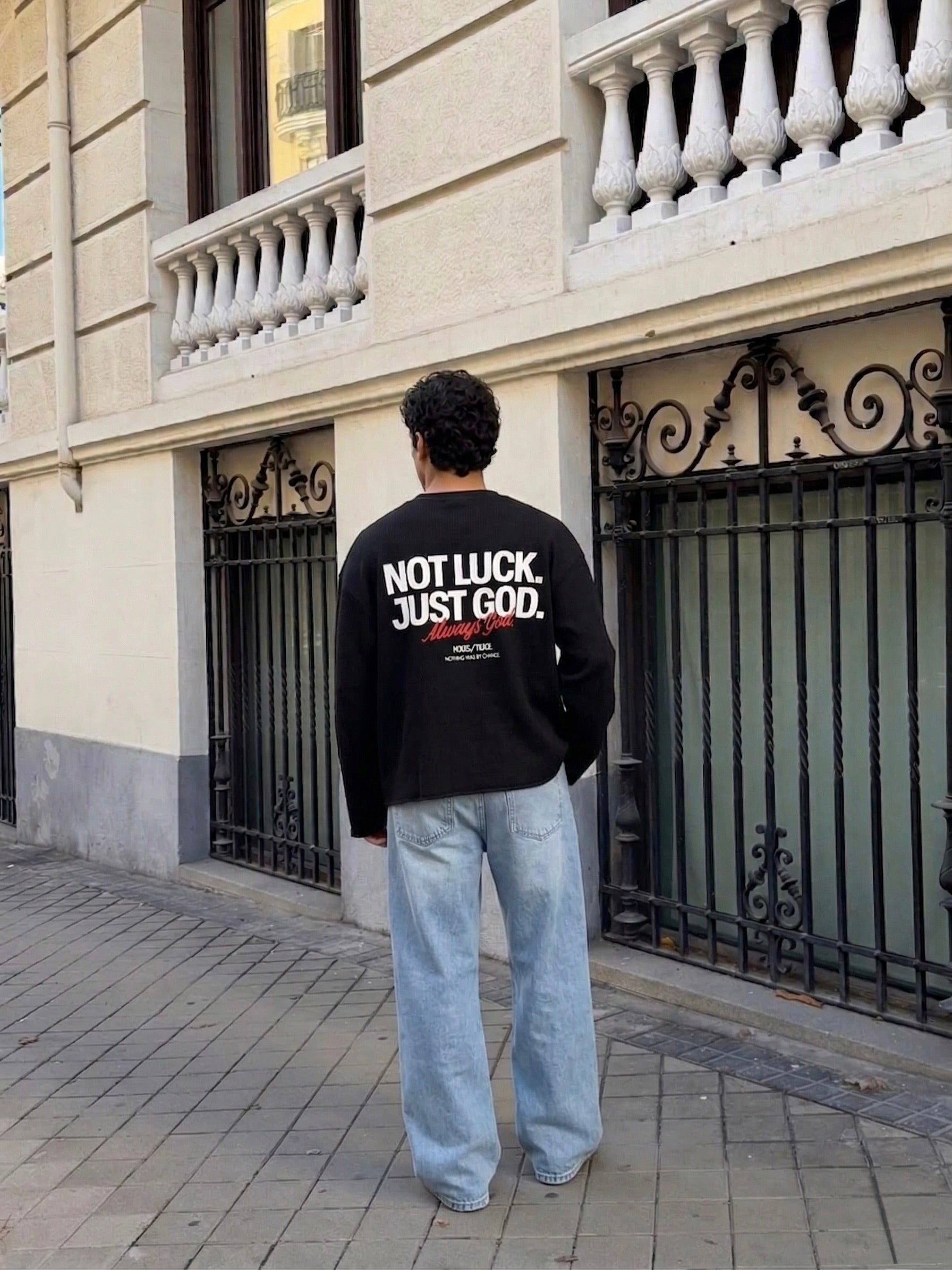 Not Luck Just God Waffle Longsleeve Loose Fit Tee Black | House of Peace®