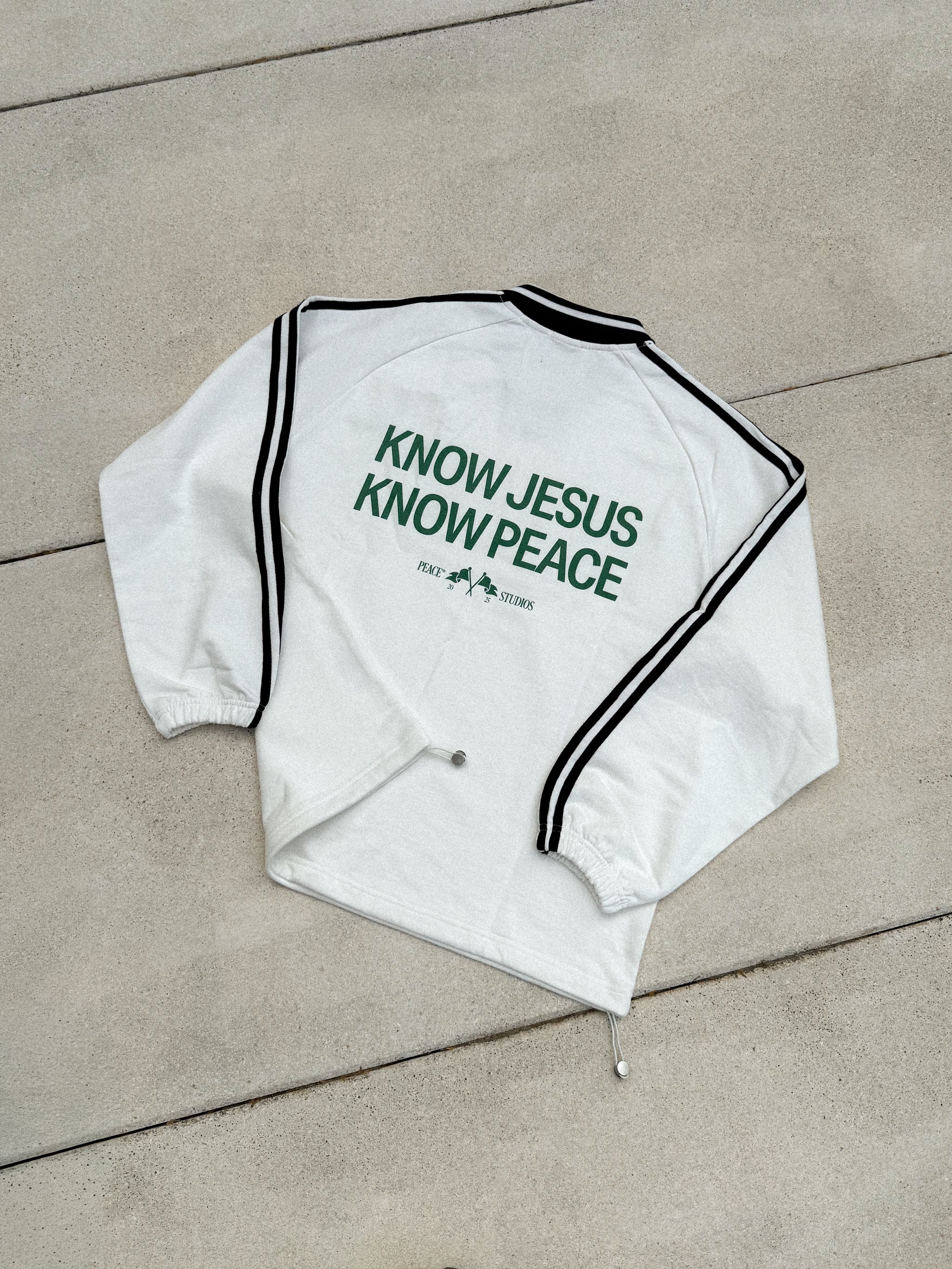 Know Jesus, Know Peace Signature White Striped Collar Sweatshirt | House Of Peace®