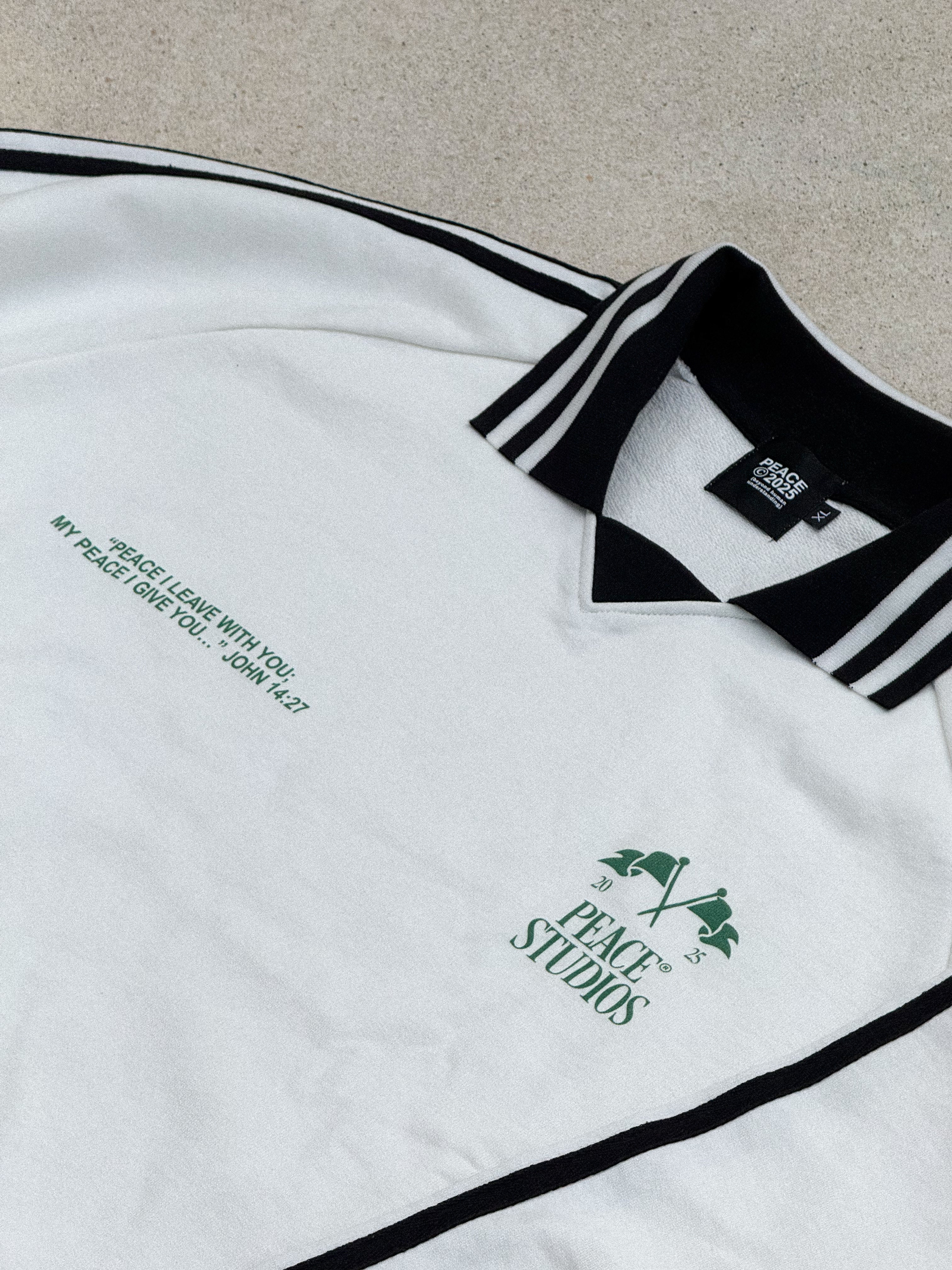 Know Jesus, Know Peace Signature White Striped Collar Sweatshirt | House Of Peace®