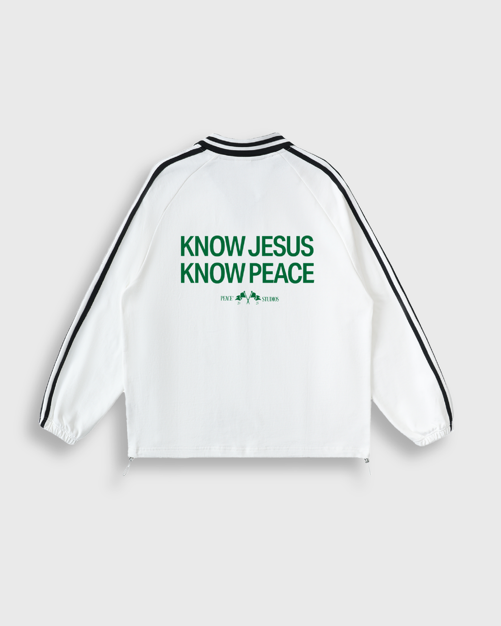 Know Jesus, Know Peace Signature White Striped Collar Sweatshirt | House Of Peace®