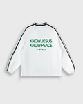Know Jesus, Know Peace Signature White Striped Collar Sweatshirt | House Of Peace®