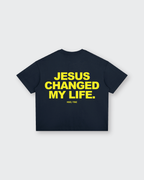 Jesus Changed My Life Navy Blue Boxy Drop Shoulder Tee | House of Peace®