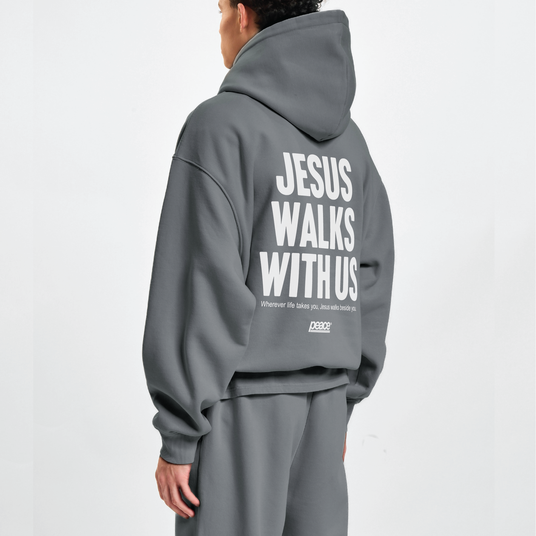 Jesus Walks With Us Gray Oversized Heavyweight Hoodie | Peace® ODMPOD