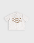 Know Jesus, Know Peace Oversized White Stripe Boxy Shirt | House Of Peace®
