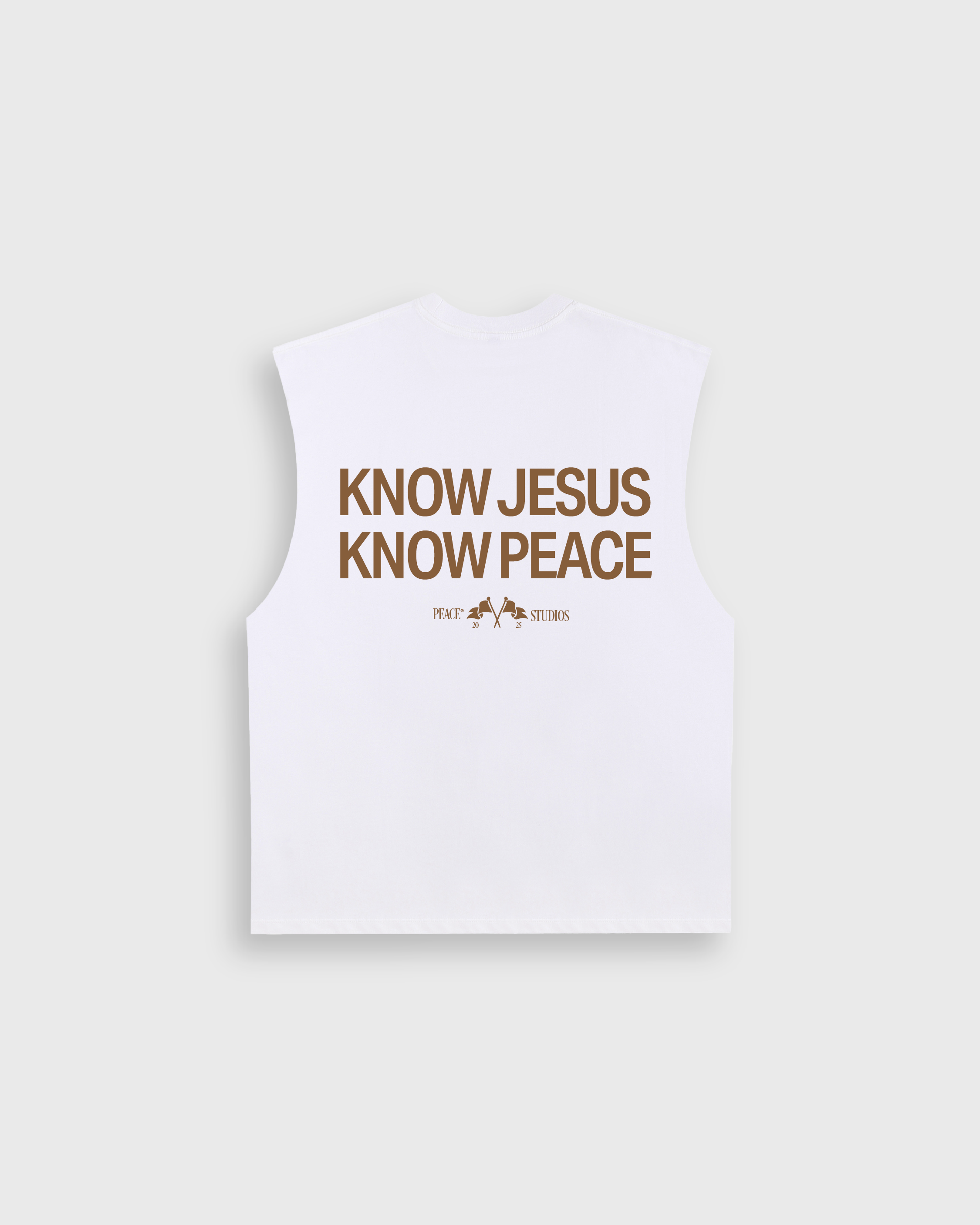 Know Jesus, Know Peace White Brown Raw Edge Tank Top | House Of Peace®