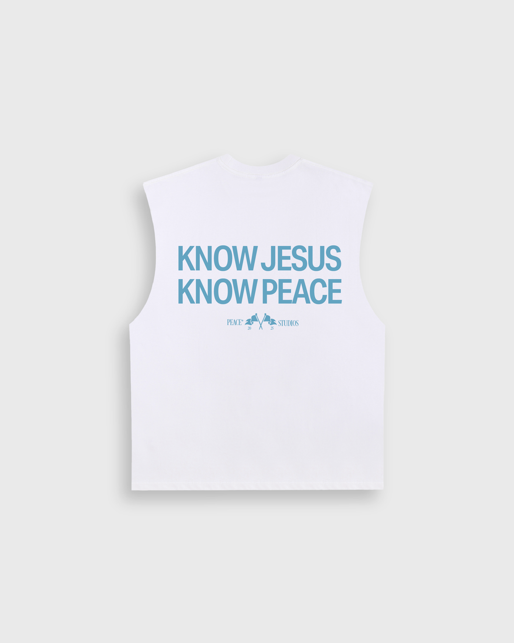 Know Jesus, Know Peace White Blue Raw Edge Tank Top | House Of Peace®