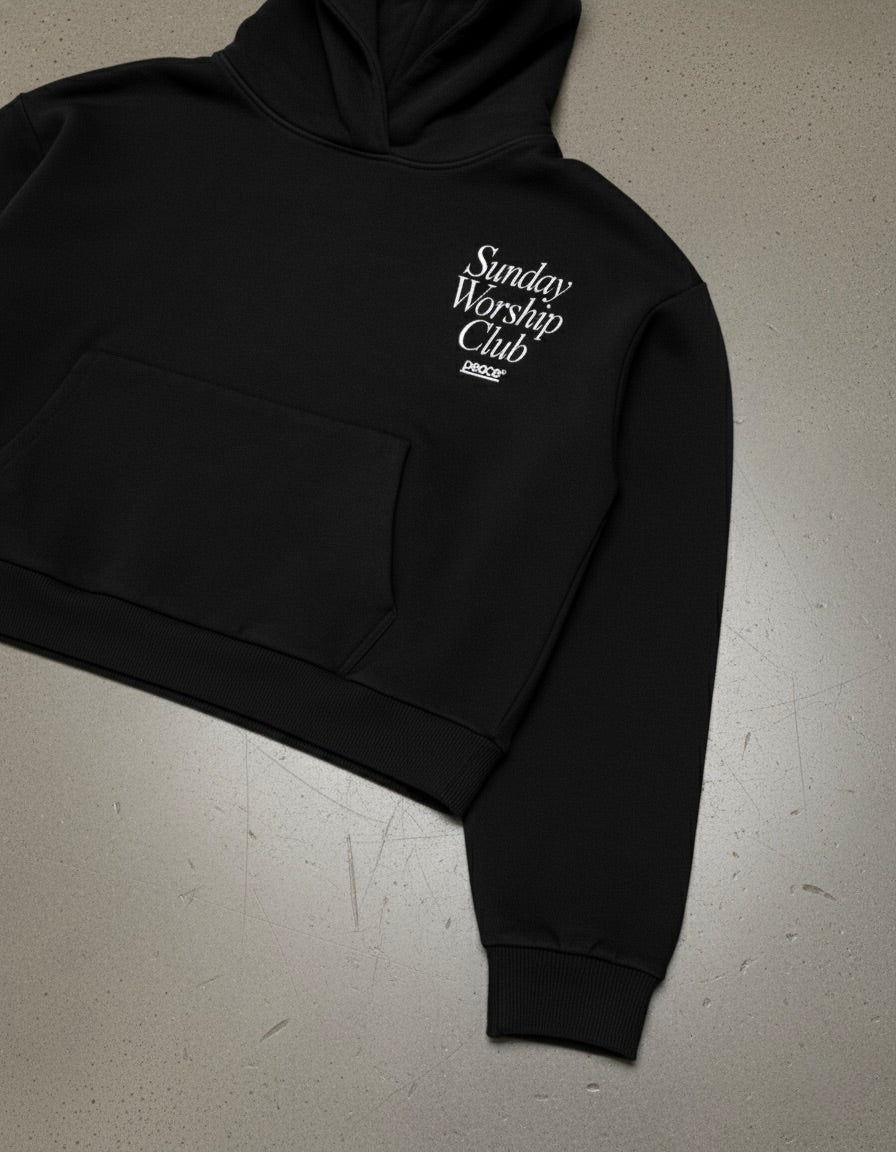 Sunday Worship Club Premium Black Boxy Hoodie | House Of Peace®
