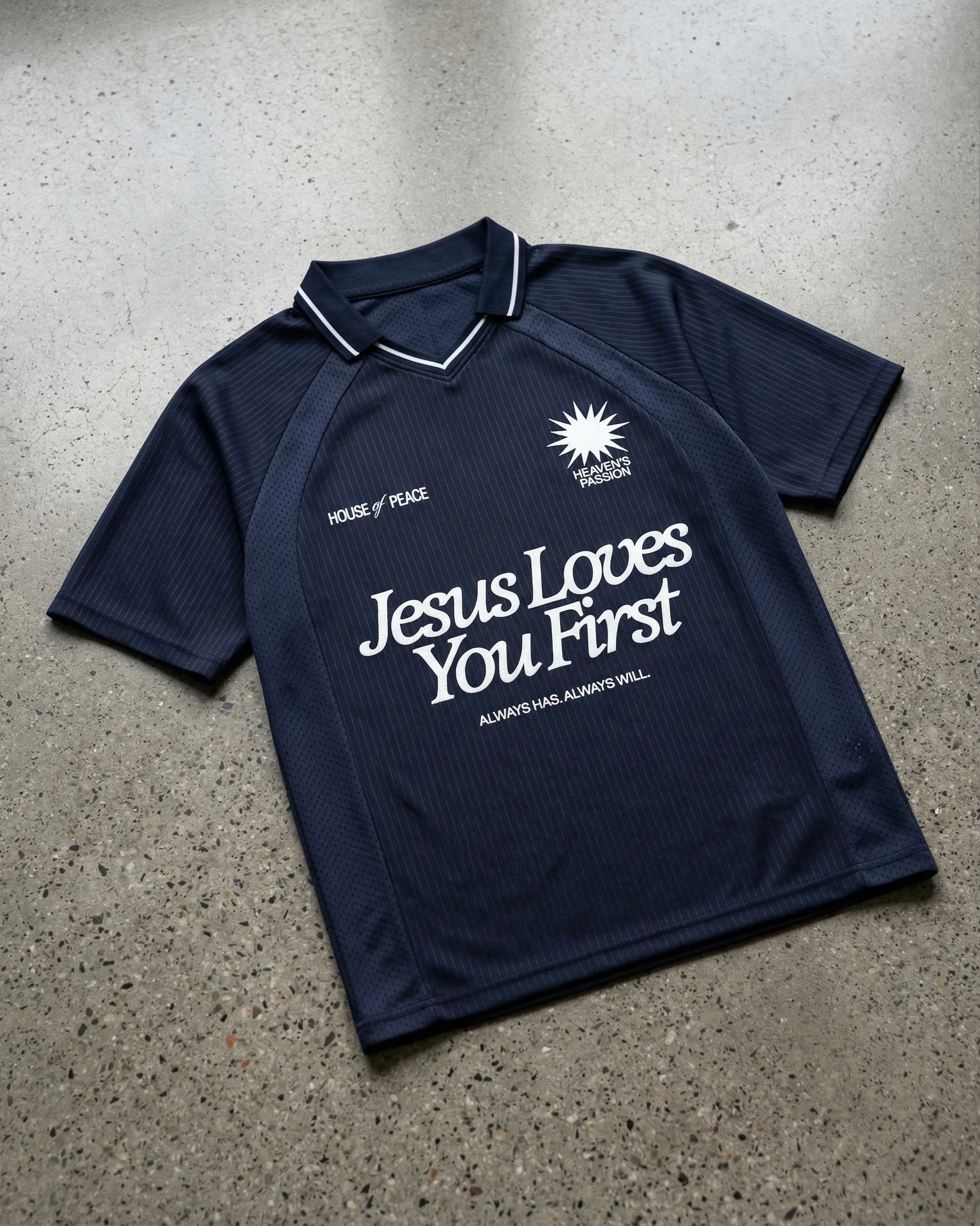 Jesus Loves You First Navy Blue Striped Soccer Jersey | House of Peace®